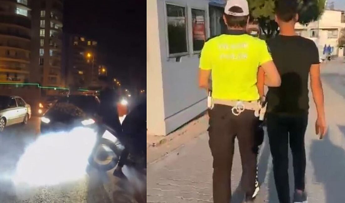 Hatay’da düğün konvoyunun önüne geçerek kırmızı ışıkta lastik yakan motosikletli