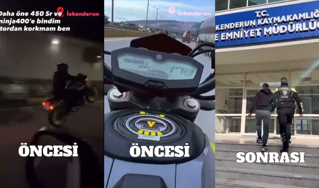 Hatay’ın İskenderun ilçesinde motosikletiyle tek teker üzerinde giden, tehlikeli akrobasi