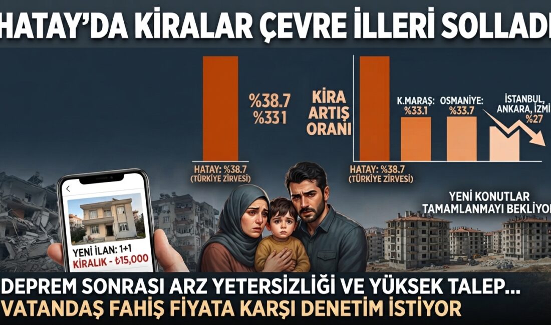 HATAY’DA KİRALAR ÇEVRE İLLERİ SOLLADI Türkiye genelinde konut kiralarındaki artış hızında Hatay, İstanbul’u dahi geride