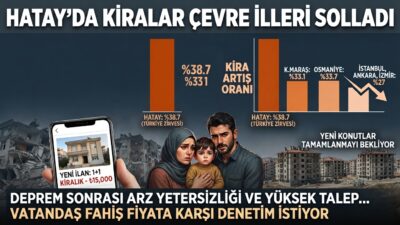 HATAY’DA KİRALAR ÇEVRE İLLERİ SOLLADI Türkiye genelinde konut kiralarındaki artış hızında Hatay, İstanbul’u dahi geride